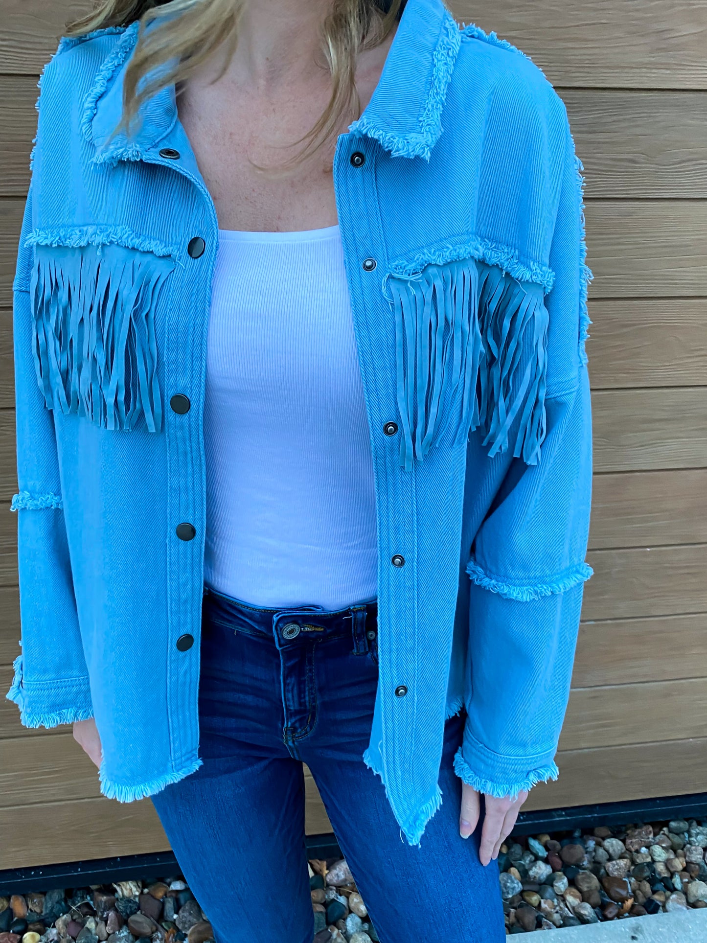 Curvy Cassidy Fringe Denim Shacket